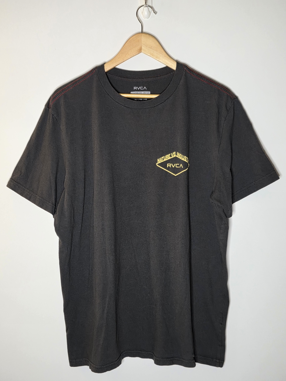 Nature VS RVCA Men's Black Tee with Yellow Logo front and back Size XL Regular